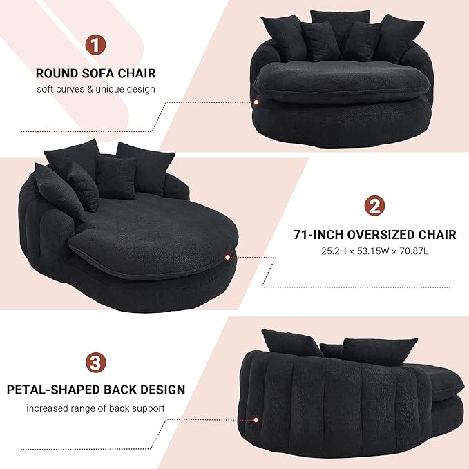 71 Oversized Round Chair Giant Bean Bag Couch Chairs for Adults Fluffy Chenille Boneless Couch Circle Bed with 5 Pillows Extra Deep Seat for Living Room Lounge No Assembly Required (Black)