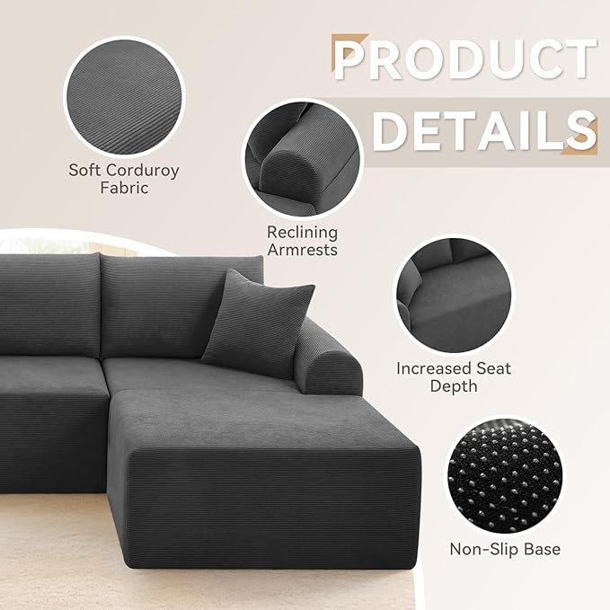 103 Modular Sectional Sofa with Chaise Cloud Sectional Couch with Deep Seat Modular L-Shape Sofa Corduroy Boneless Couch for Living RoomBedroomNo Assembly Required(Dgray Right Facing Chaise)