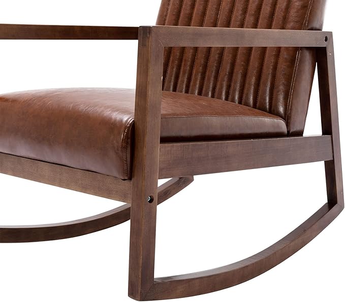 VESCASA Upholstered Rocking Chairs with Channel-Tufted Back Mid-Century Modern Comfy Oil Wax PU Leather Rockers with Black Walnut Wood Frame for Nursery Living Bedroom Indoor Set of 2 Brown