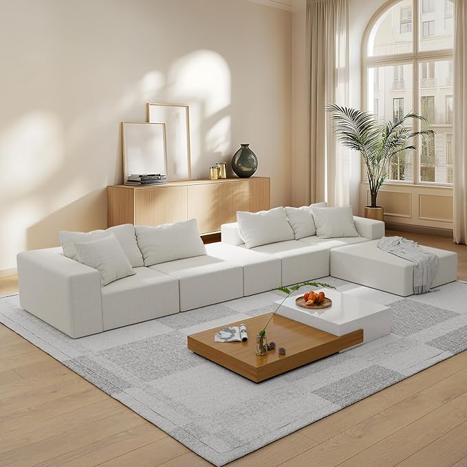132'' Oversized Cloud Couch Sectional Modular Sectional Sofa with 6 Pillows Comfy Chenille L Shape Couch with 6 Deep Seat Convertible Sleeper Boneless Couches for Living Room No Assembly Beige