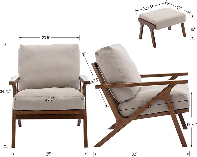 chairus Mid-Century Modern Accent Chairs with Ottomans Set of 2 Comfy Upholstered Lounge Armchairs with Solid Wood Frame Reading Chairs for Living Room Bedroom Office Beige Denim Fabric