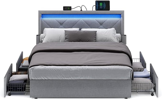 VASAGLE LED Bed Frame Full Size Full Bed with Headboard and 4 Drawers 1 USB Port and 1 Type C Port Adjustable Upholstered Headboard 37.1/39.6 Inches No Box Spring Needed Light Gray URMB822G01