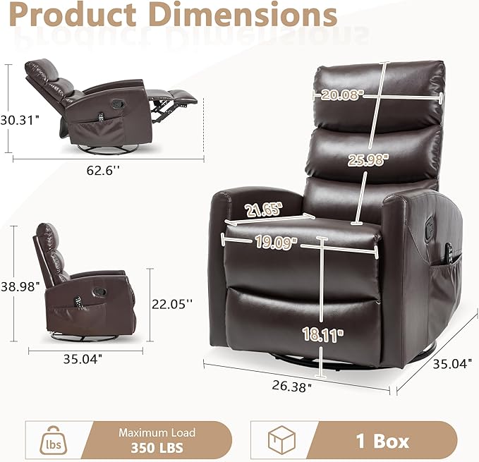 cinkehome Small Swivel Rocker Recliner Chair with Heated Massage Upholstered Nursery Glider Recliner Chair High Back Side Pocket (Brown PU Leather)