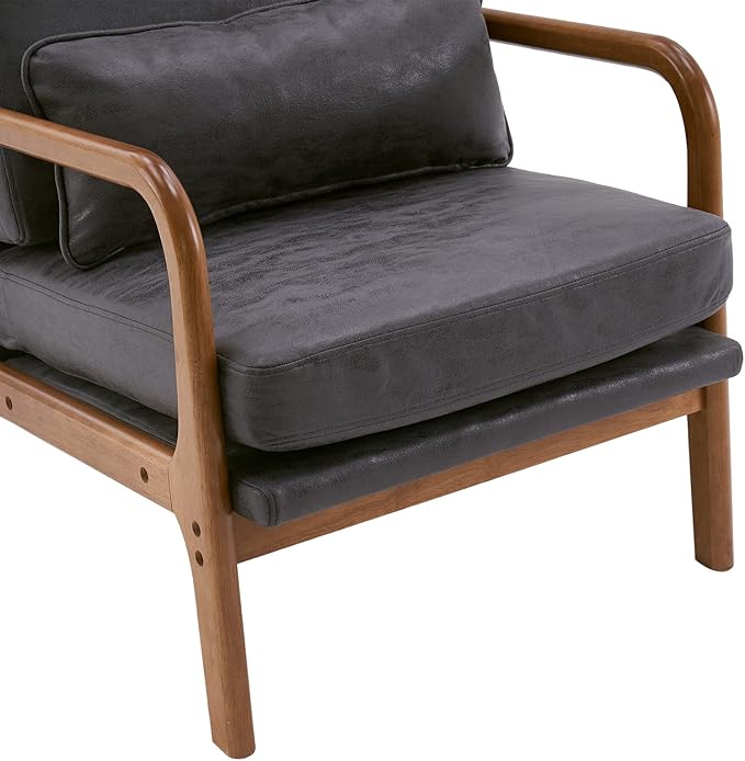 Mid-Century Modern Accent Chair with CushionHigh Back Solid Wood Armrest Chairs Backrest Linen Fabric Indoor Leisure Chair for Living RoomBedroomReadingBalcony (Dark Grey)