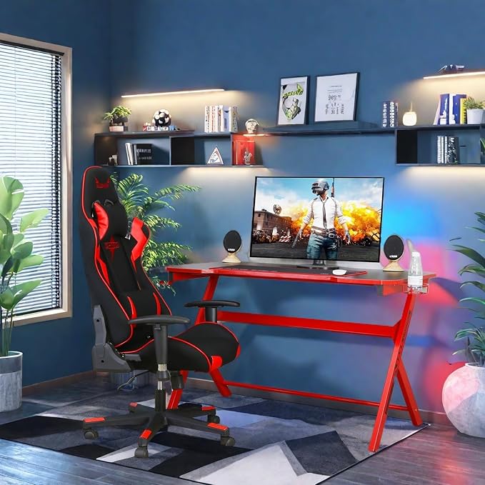 JJS 48 Home Office Gaming Computer Desk R Shaped Large Gamer Workstation PC Table with Cup Holder Headphone Hook Free Mouse pad Black/Red