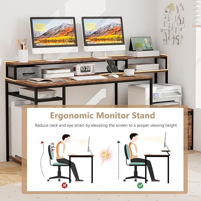 Tangkula 67 Computer Desk with Monitor Stand &amp File Drawer Large Home Office Desk with Power Outlets &amp USB Ports Long Workstation with Storage Shelves Study Writing Desk Gaming Desk Rusti