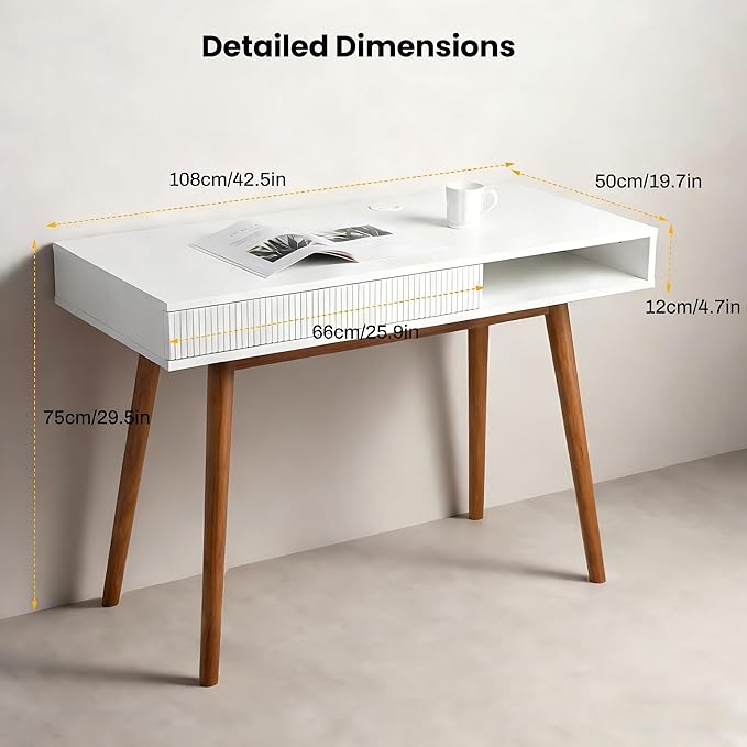 Artswish White Writing Desk with Drawers Mid Century Modern Desk Wood Office Computer Desks for Small Space White Desks with Walnut Legs