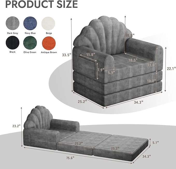 Folding Sofa Bed with Back Support 2-in-1 Convertible Futon Sleeper Chair for Adult 75 D x 34 W Fold Out Bean Bag Floor Foam Lounger Couch for Living Room Bedroom Small Space Grey
