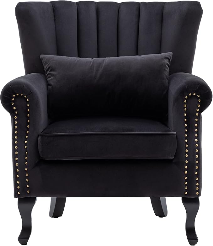 chairus Mid-Century Modern Accent Chair Comfy Single Sofa Chair Channel Back Armchair with Small Pillow for Living Roon Bedroom Club - Velvet Black