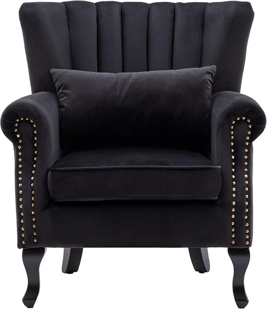 chairus Mid-Century Modern Accent Chair Comfy Single Sofa Chair Channel Back Armchair with Small Pillow for Living Roon Bedroom Club - Velvet Black