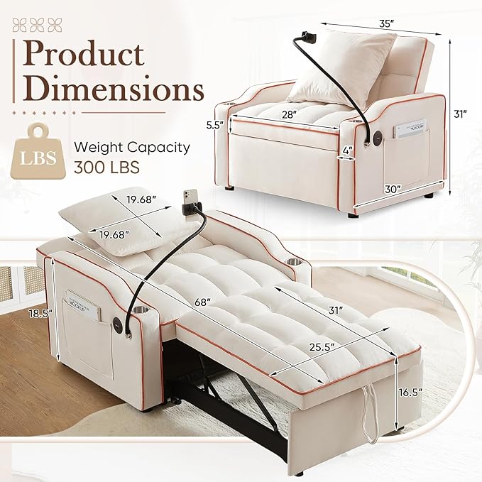 Convertible Sleeper Chair Sofa Bed3 in 1 Velvet Tufted Pull Out Couch with Swivel Phone Holder &amp USB PortsFuton Small Couch Bed w Cup Holders &amp Adjustable Backrest for Living RoomSmall Plac
