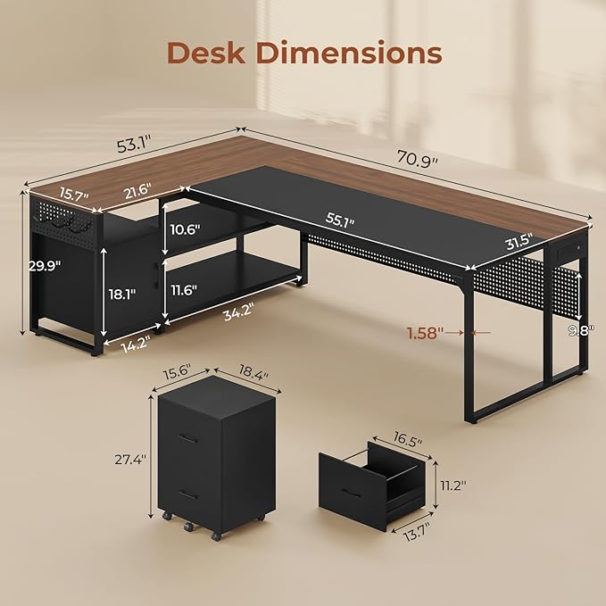 71 Executive Desk Reversible L Shaped Desk with Mobile File Cabinet &amp Power Outlets Large Office Desk with Drawers Storage Shelves Hooks Corner Computer Desk for Home Office (Walnut)