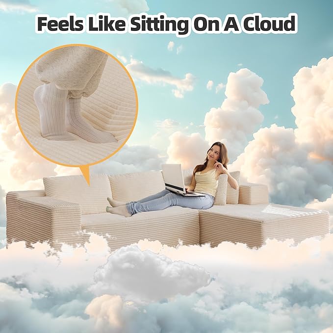 HOMREST 106 Cloud Sectional Couch with Chaise Lounge L-Shape Modular Sectional Boneless Sofa with Deep Seat Upholstered Couches for Living Room Bedroom No Assemble Beige (Plush Corduroy Fabric)