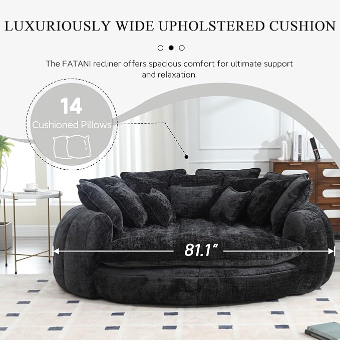 81.1 Oversized Round Chaise Lounge Chair Extra-Wide 2-Person Accent Chair with 14 Pillows Comfy Cloud Sleeper Sofa for Living Room (Black)