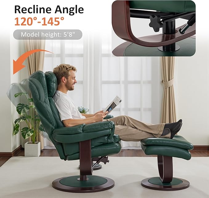 MCombo Oversized Swivel Recliner Chair with Ottoman Adjustable Backrest 360° Wood Base High Seat Faux Leather Lounge Chair for Tall Users in Living Room Bedroom or Office 4651 (Green)