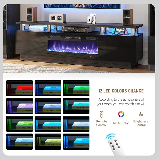 MXV 70 Fireplace TV Stand Modern Entertainment Center &amp 36 Inch Electric Fireplace with Remote Control LED Light Fire Place Tv Stand for Living Room for TVs up to 80 Black + Black