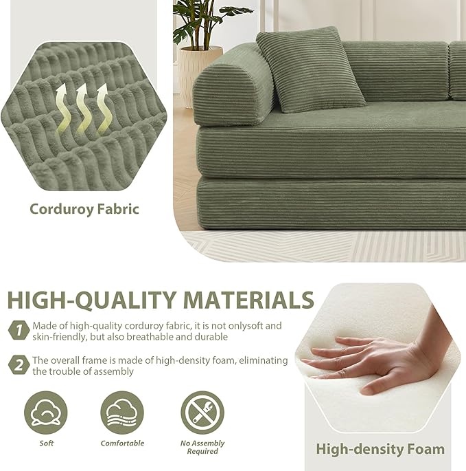 78 Convertible Sleeper Sofa Bed with Cylindrical Pillow Corduroy Folding Mattress Couch with Fixed Frame Floor Sofa Lounge Couch for Living Room Bedroom Apartment Light Green