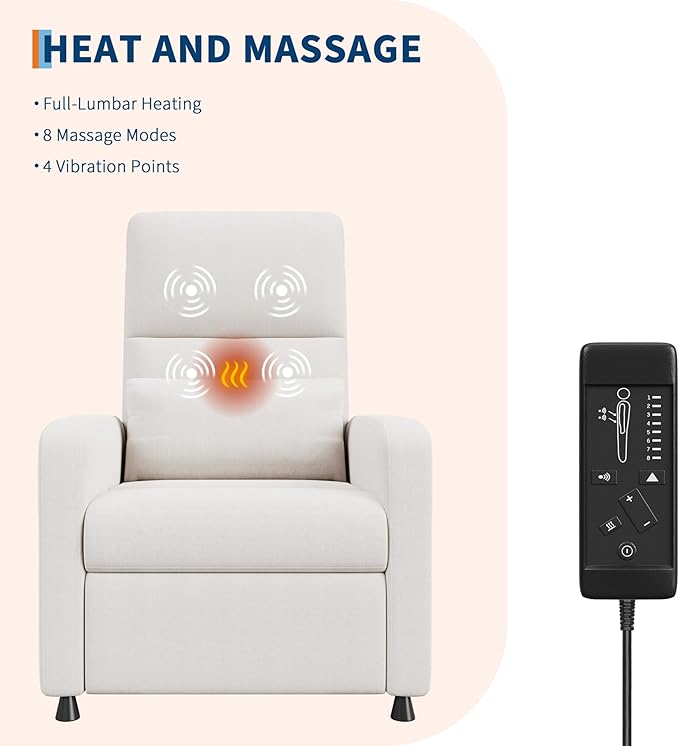 GarveeHome Power Recliner Chair with Massage and Heat Adjustable Electric Recliner Ergonomic Overstuffed Tall Back Padded Seat 2 Side Pockets and USB Port Home Theater Seating for Living Room