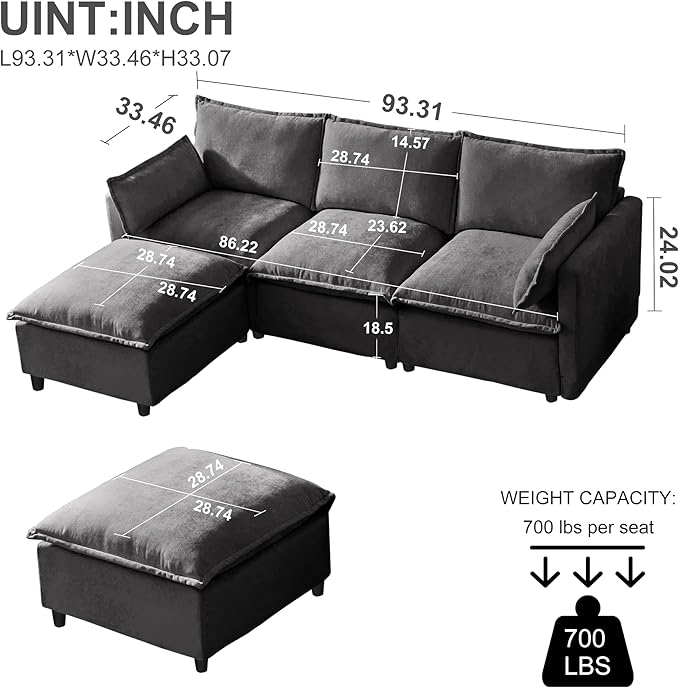 HDX Modular Sectional Sofa L-Shaped Couch Sofa with 4 Seats and Pillows for Living Room Modern Minimalist Chenille Fabric Large Comfy Cloud Furniture Sets (Gray)