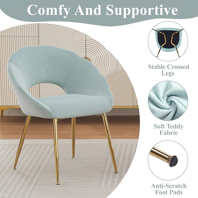 Modern Vanity Chair Living Room Chair with Gold Metal LegsVelvet Dining Chair Comfy Accent Chair for Makeup Room Waiting Room Dressing Room Bedroom Dining Room Home Office(Blue-green 1PCS)