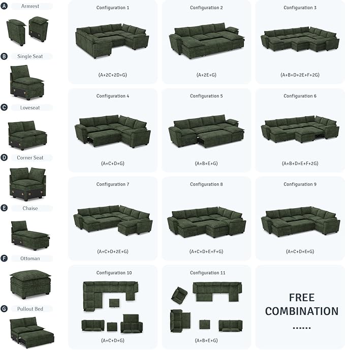Belffin Double Seat Module 2-Seater Sofa with Storage for Chenille Modular Sectional Sleeper Sofa Pullout Couch Green