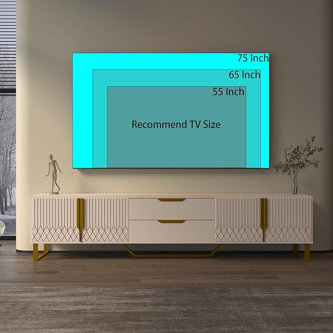 Luxury TV Stand for 55 65 75 Inch TV Carving Design Entertainment Center for 50 60 70 Inch TV Metal Legs TV Console TV Table Equipped with Two Drawers and Cabinets White