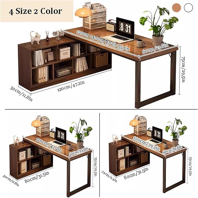 L-Shaped Computer Desk with StorageCorner Desk with 2-Tier Storage ShelvesReversible Home Office DeskModern Wood PC TableLarge Study Writing Table for Small Space