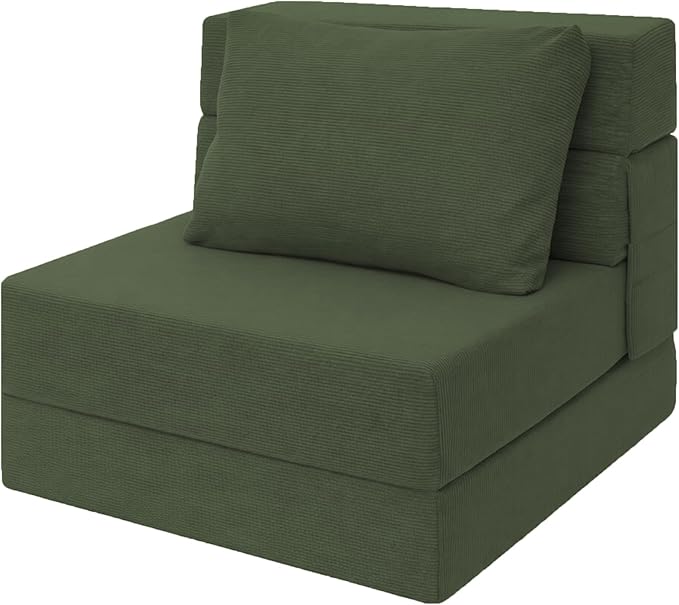 Sofa Bed Foldable Mattress Folding Sleeper Sofa Chair Bed Floor Mattress with Pillow for Living Room Home Office (Green-Corduroy Single)