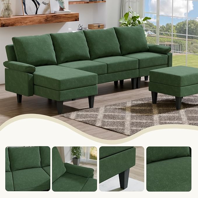 115 Inch Modular Sectional Sofa with Storage Ottoman Modern L-Shaped Sectional Couch with Chaise Chenille Couch for Living Room Apartment or Small Spaces Green