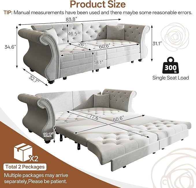 83.8'' Sleeper Sofa Bed Queen Convertible Pull Out Couch Chesterfield Futon Sofa Bed with Flower-Tuffed Back Velvet Daybed 2 Pillows Loveseat Couches for Living Room Bedroom Light Gray