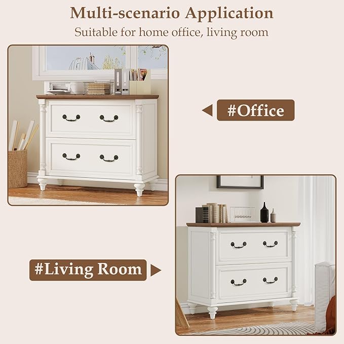 Farmhouse Lateral File Cabinet 2 Drawers File Cabinet for Legal/Letter/A4 Size Hanging Files Large Wood File Storage Cabinets Printer Stand for Home Office Cabinet White