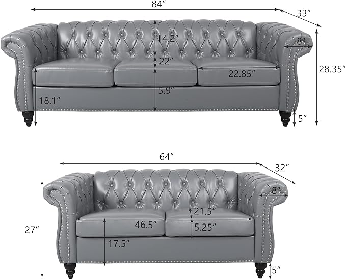 RARZOE Modern 2 Pieces Living Room Sofa Set Tufted Button Faux Leather Chesterfield Three-Seater Couch and Chesterfield Loveseat with Nailhead Trim Scroll Arms for Home Furniture Grey