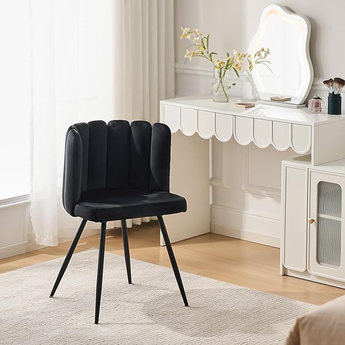 CLIPOP Living Room Barrel Accent Chair Modern Velvet Kitchen Dining Chair Vanity Chair with Metal Leg Scalloped Silhouette Cozy and Soft Padded Armless Leisure Makeup Chair for Bedroom Black
