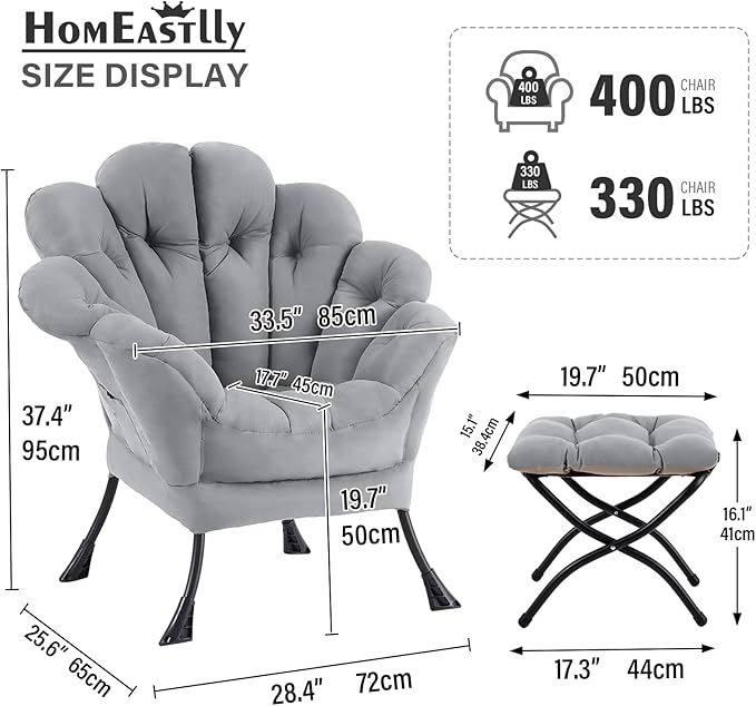 Lazy Chair With Ottoman Comfy Reading Lounge Accent Chair Leisure Floral Butterfly Armchair With Foding Footrest Wrapped Sturdy Soft Chair For Bedroom Dorm Room Living room（light grey）