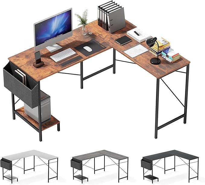 L Shaped Desk - 50 Reversible Home Office Computer Desk Wood Top Metal Frame Side Bag Sturdy Gaming Desk Corner Table for Work Writing and Study Space-Saving