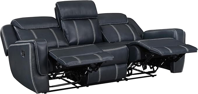 Lexicon Modern Double Recliner Sofa Faux Leather Reclining Sofa with Center Drop-Down Cup Holders Storage Pouch Receptacles USB Ports Manual Recliner Couch for Living Room/Office/Apartment Blue