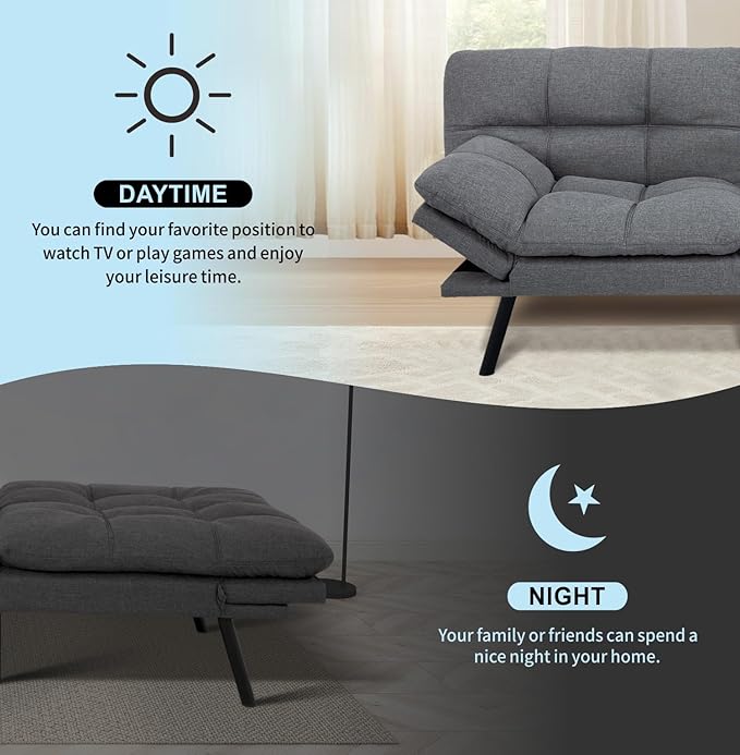 MUUEGM 71” Convertible Futon Sofa Bed Upholstered Small Futon Couches with Adjustable Backrest Loveseat Sleeper Bed for Compact Living Room Studio Office (Light Grey)
