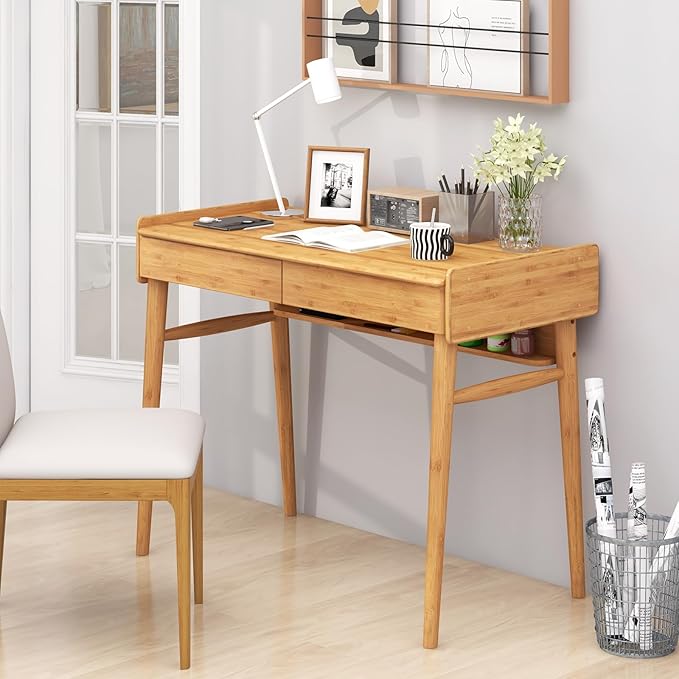 Giantex Computer Desk 39.5 Bamboo Home Office Desk with 2 Storage Drawers and Open Shelf Makeup Table Vanity Desk Modern Writing Desk Computer Workstation for Bedroom Study Natural