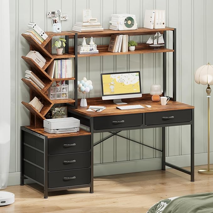 Reversible Computer Desk with Hutch Home Office Desk with 5 Drawers and Bookshelf 52'' Study Writing Desk with Storage Shelves for Bedroom Home Office Rustic Brown