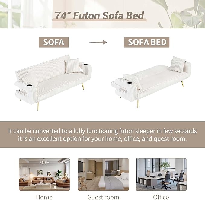 74 Modern Corduroy Sofa Bed FutonConvertible Sleeper Bed Couch with Dual Cup Holder4 Reclining PositionsFolding Cloud Sofa Loveseat for Small Living Room Apartment Office (Beige)