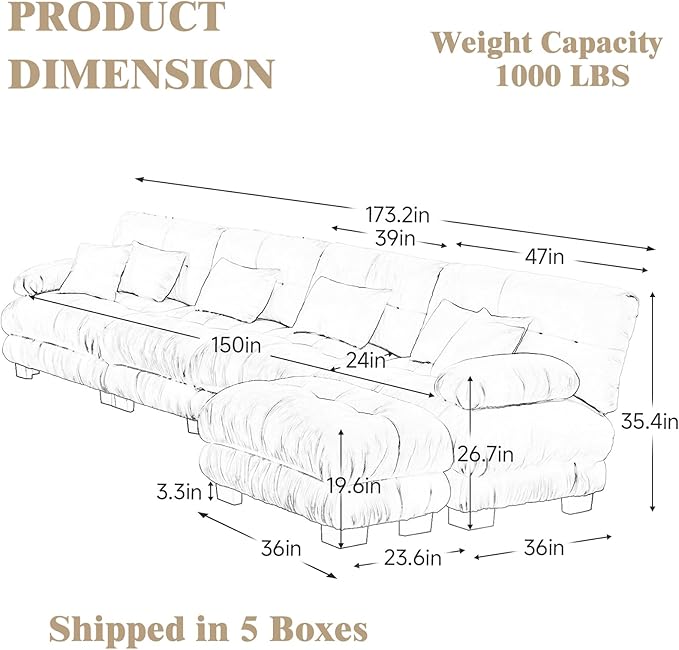 Oversized Modular Velvet Sectional Cloud Sofa Couch with Movable OttomanCorner Sofa with Comfortable Armrests Deep Seat Convertible L or U Shaped Couch (Light Coffee 4 Seat + 1 Ottoman)