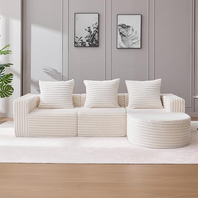 Boneless Cloud Couch Modular Sectional Sofa L-Shape with Chaise 102 Soft Faux Fur Deep Seat &amp 3 Pillows &amp 2 Side Pockets for Living Room Bedroom (Beige Right Chaise)