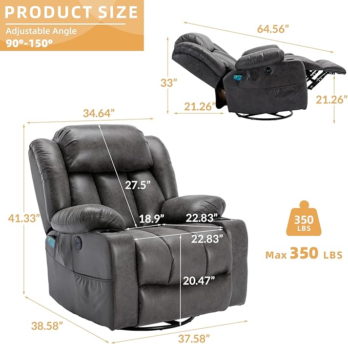 360° Swivel Glider Rocking Recliner Chair Overstuffed Manual Massage Recliner with Heat and Vibration Single Modern Sofa Home Theater Seating for Living Room USB Ports/Cup Holders (Grey)