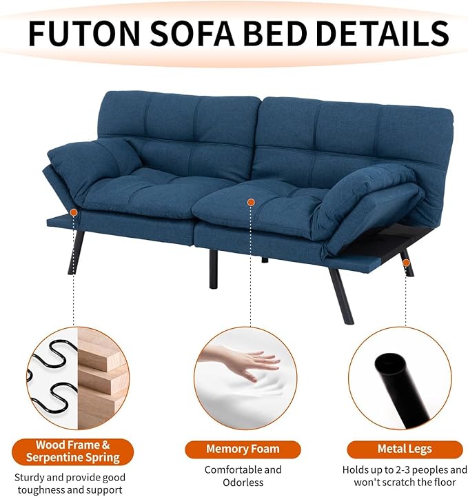 MUUEGM Futon Sofa Bed 71 Convertible Memory Foam Royal Blue Futon Couch Bed Modern Loveseat Sleeper with Adjustable Backrests Armrests for Living RoomSmall SpaceOffice