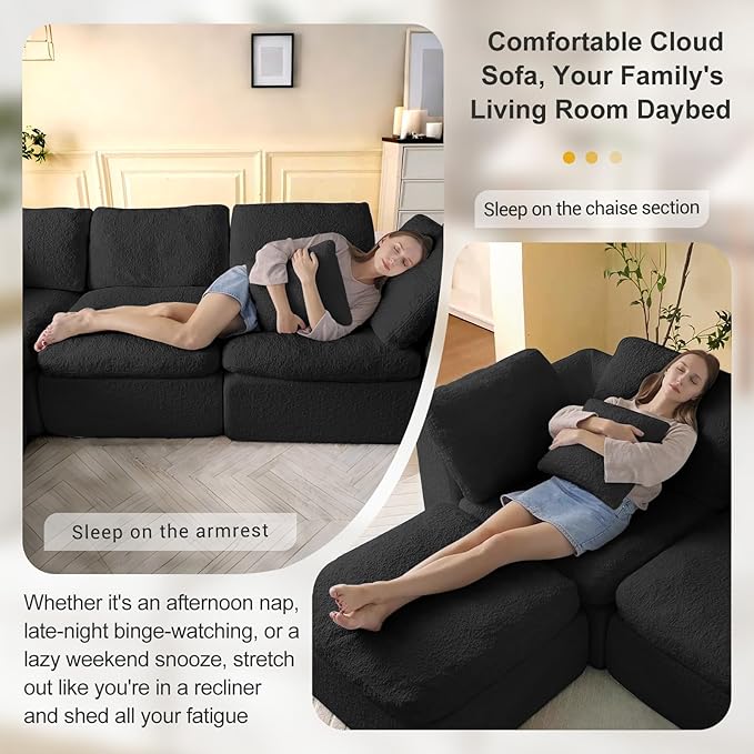 Cloud Sectional Couches108 L-Shape Sofa Modular Sectional Sofa for Living Room Freely Configurable Deep Seating Non-Slip Bottom No Assembly Required(Black 3 Seater+1 Ottoman)