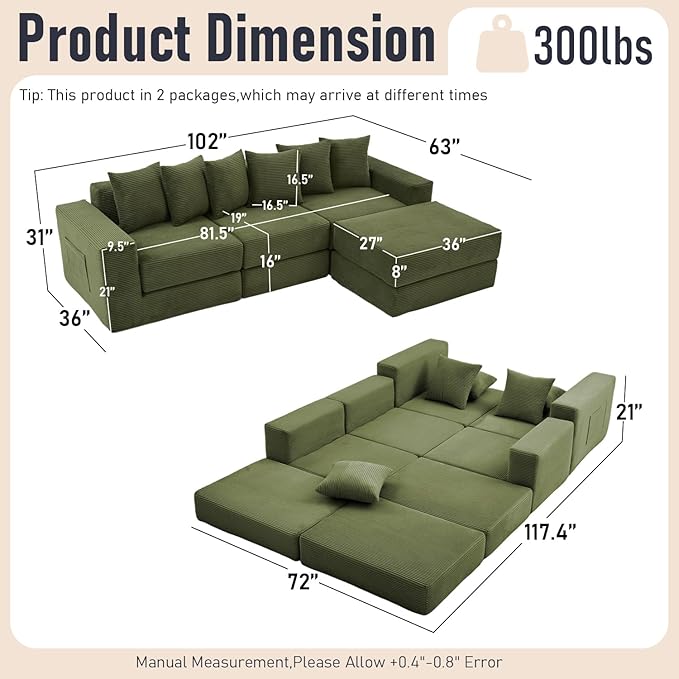 102 Upgraded L-shaped Modular Sectional Couches for Living Room Convertible Oversized Sleeper Sofa Bed-Luxury 1.5 Queen Bed. 11-in-1 Multifunctional Corduroy Boneless Folding Futon Couch Green.