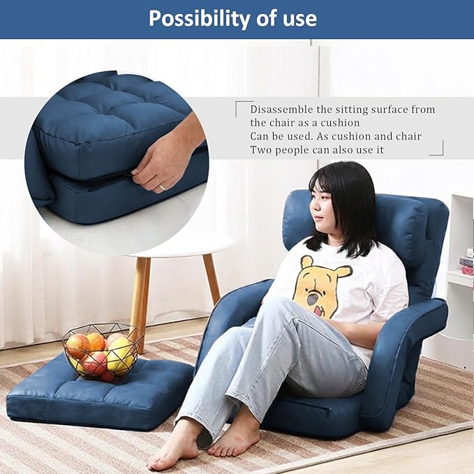 FLOGUOR 14-Position Adjustable Floor Chair Chaise Lounge Indoor Folding Lazy Sofa with Armrests and a Pillow Padded Adults Gaming Chairs for Living Room Bedroom Factory Price8803 (Blue（PU）)