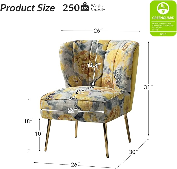 Tina's Home Accent Chair with Golden Legs Comfy Tufted Wingback Living Room Chair Floral Fabric Small Armless Side Chair Upholstered Slipper Chair for Bedroom Reading Room (Flower Print Yellow)