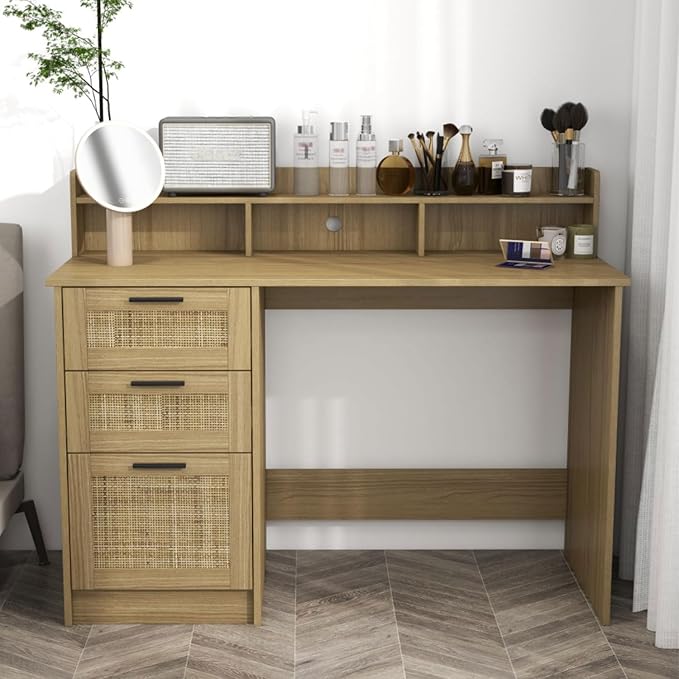 ENSTVER Small Computer Desk with Drawers and Hutch ShelfHome Office Small Desk with Storage File DrawersBoho Rattan Writing Study Desk for Bedroom