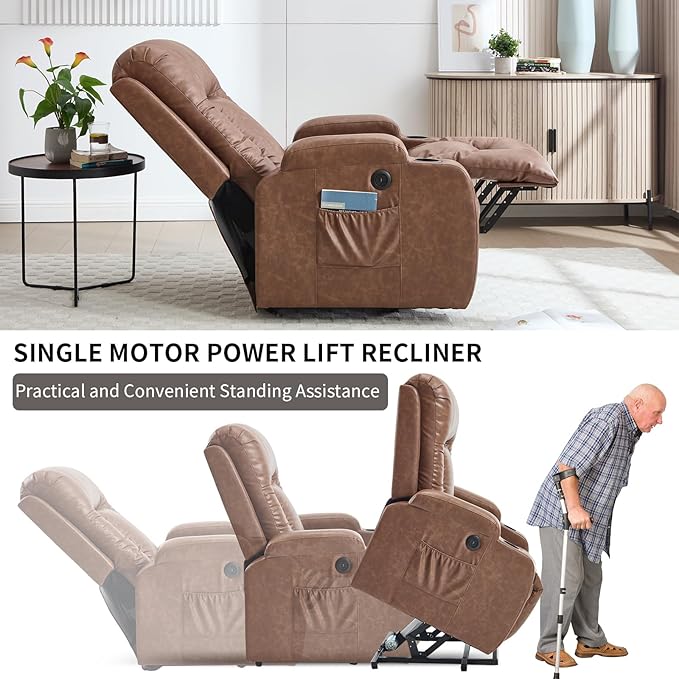 Power Lift Recliner Chair for Elderly with Infinite Position 350 LBS Capacity 8-Point Massage &amp Heating - Comfy Heavy Duty Motion Recliners Chairs for Living Room Small SpacesBrown